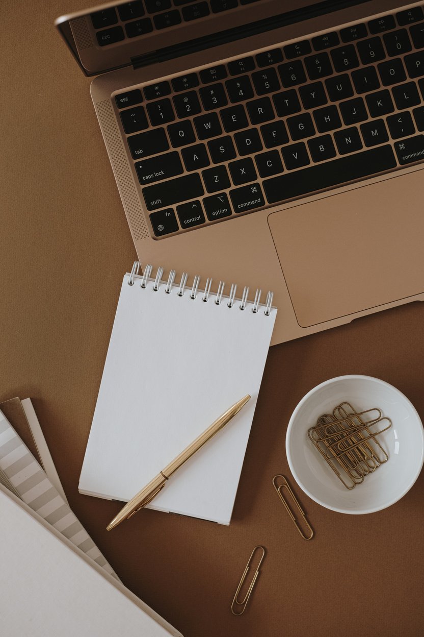 Notepad and Pen on Laptop Near Bowl of Clips Flatlay